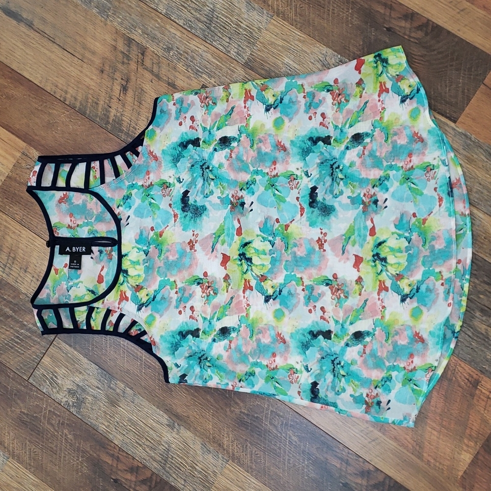 A. Byer Semi Sheer Blue, Green, and Red Watercolor Floral Tank, Size Small